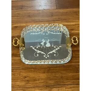 VTG 1950s Murano Venetian glass mirrored tray etched rope twisted cocktail